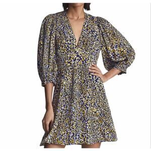 REISS Floral Mini A Line Dress With Daisy Puff Sleeve In Yellow & Blue Size 2